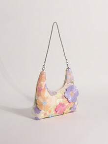Yellow-Green Lace Hollow Floral Hobo Shoulder Bag With Sparkling Rhinestones For Women, Suitable For Vacation (Floral Pattern Randomly Distributed) - Multicolor - View 3