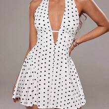 wsb - Colección de ropa femenina de moda  Vestido corto de mujer con escote profundo en V y espalda descubierta, con estampado de lunares, estilo de vacaciones, para verano - Negro1 - Ver 7