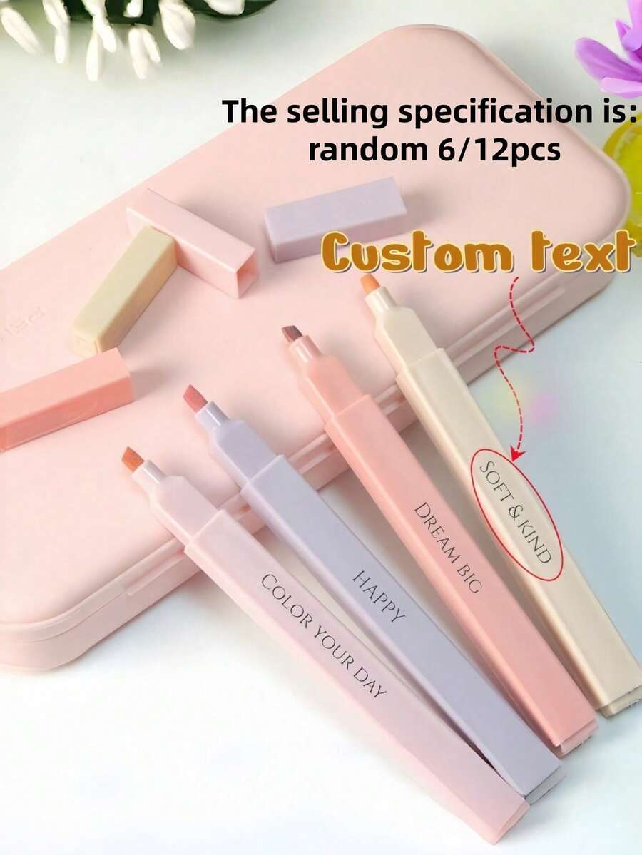 [Customized] 6/12pcs Soft Fluorescent Highlighter Set - Random Colors, Flat Tip Design, No Smudging, No Leaking, Plastic Material - Suitable For Journaling, Office Work And Professional Use, Perfect For Back To School Season - Multicolor - View 1