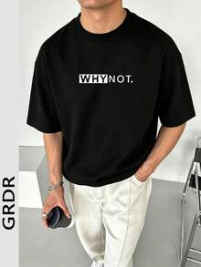 GRDR Men's Summer Letter Slogan Print Crew Neck Short Sleeve T-Shirt, Comfortable & Fashionable - Black - View 2