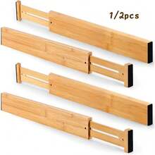 1/2/4pcs Bamboo Expandable Drawer Dividers, Spring-Loaded Tool-Free Installation, Anti-Slip Edge Protection, Scratch-Resistant, Customizable Compartments. Suitable For Kitchen Utensils, Bedroom Clothes, Bathroom Cosmetics, Office Supplies Drawer Storage Organizer - Multicolor - View 1