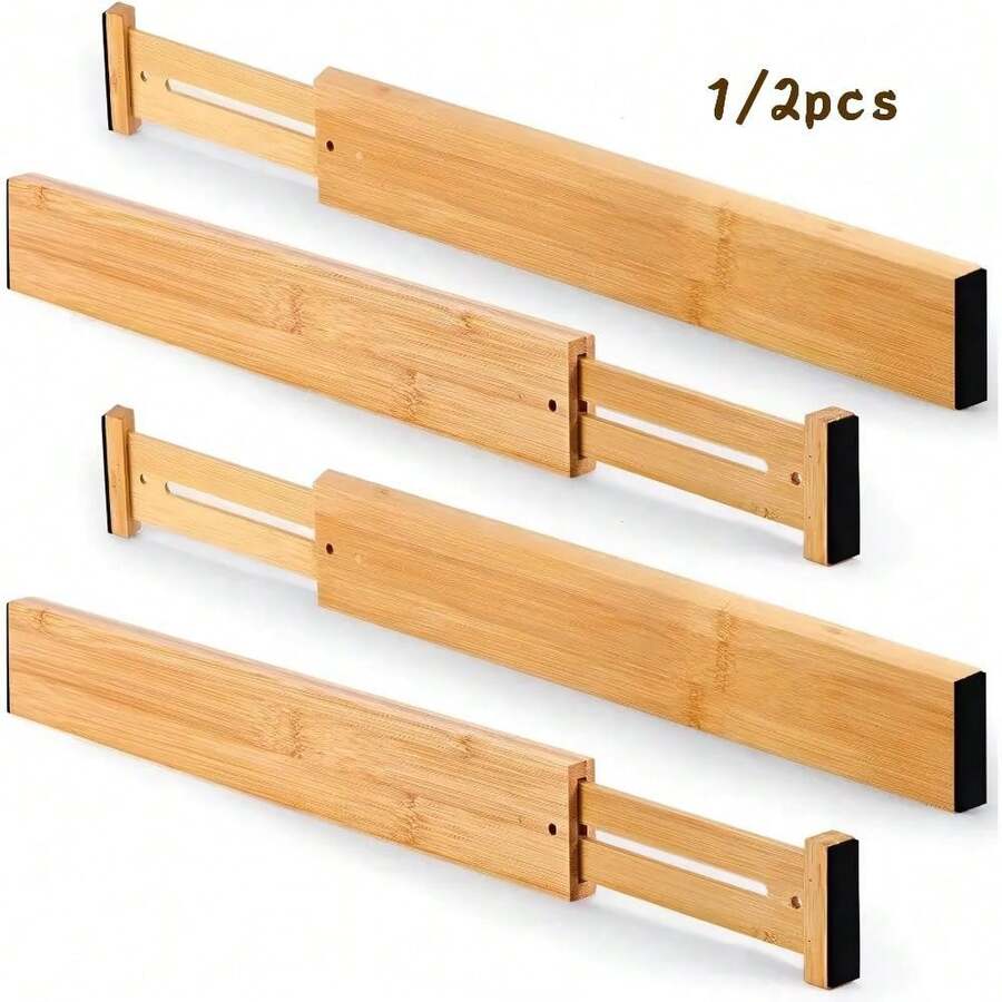 1/2/4pcs Bamboo Expandable Drawer Dividers, Spring-Loaded Tool-Free Installation, Anti-Slip Edge Protection, Scratch-Resistant, Customizable Compartments. Suitable For Kitchen Utensils, Bedroom Clothes, Bathroom Cosmetics, Office Supplies Drawer Storage Organizer - Multicolor - View 1