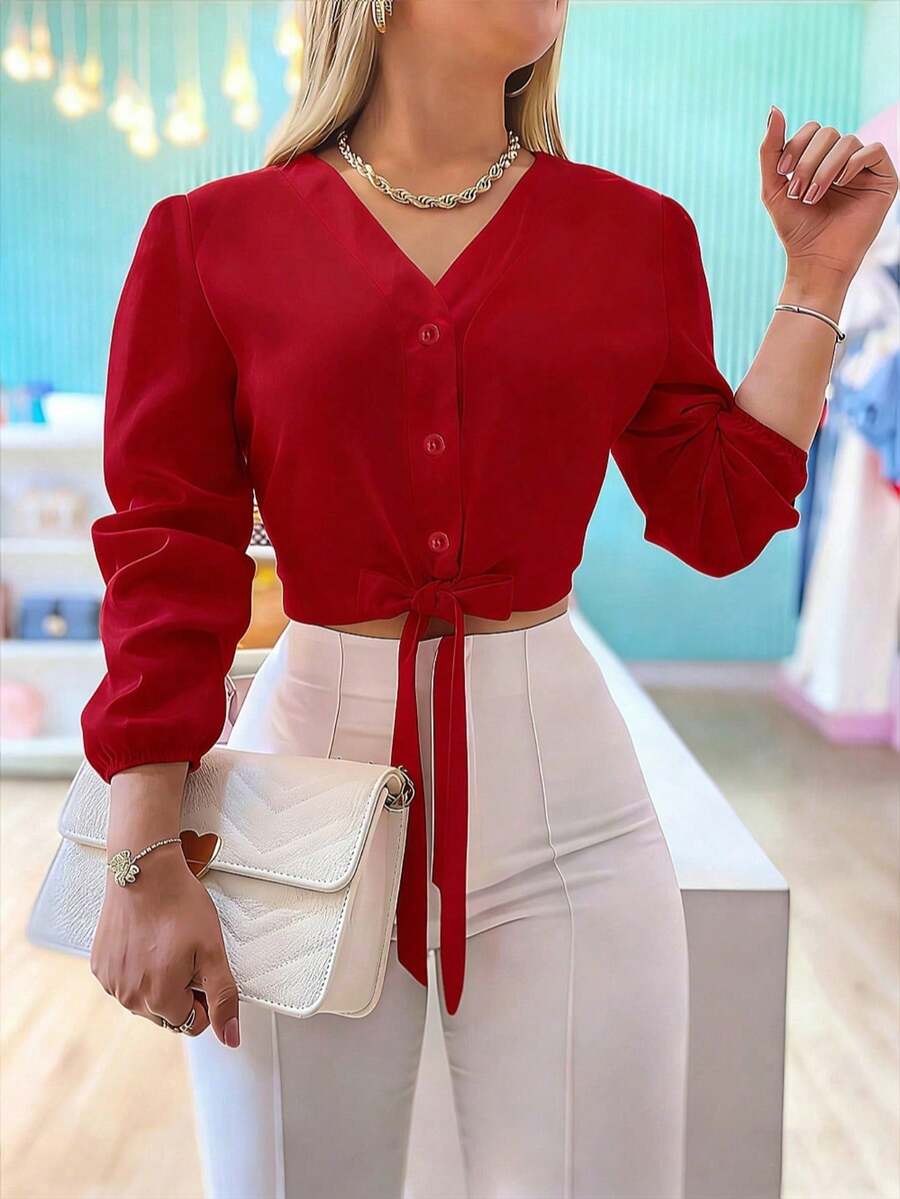 Elegant And Versatile Blouse With A Solid-Color Front Knot, Perfect For Everyday Casual Wear, At Home, For Work, And For Dates. - 大紅 - 查看 1