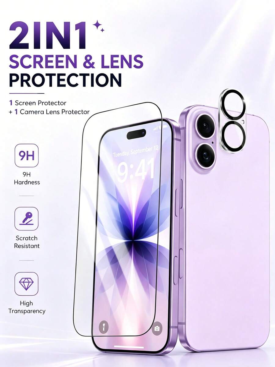 2-In-1 Set: 1pc High-Definition Tempered Glass Screen Protector + 1pc Silk-Printed Lens Protector, Dual Protection, Resistant To External Damage, Anti-Shatter, Hydrophobic Coating, Anti-Fingerprint, Compatible With IPhone 17/17 Pro Max/17 Pro/16/15/14/13/12/11 Screen Protector