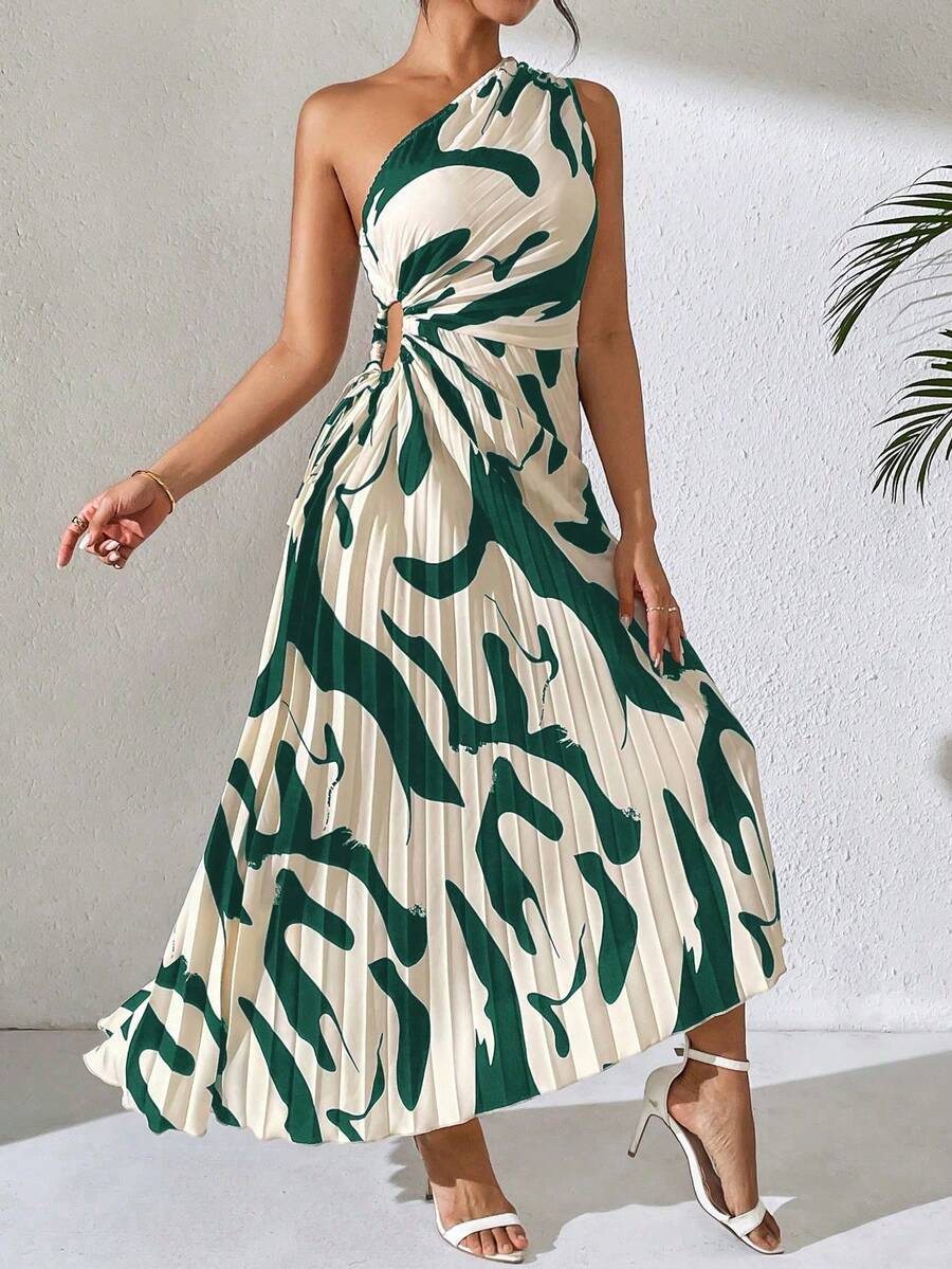 Vestido largo de verano de mujer con cuello asimétrico, plisado, calado y estampado - Multicolor - Ver 1