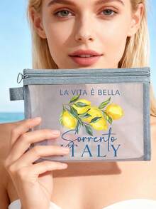"Lemon Sorrento Italy" Pattern Multifunctional Mesh Cosmetic Bag, Travel Makeup Bag, Summer Bag, Women's Handbag, Office Makeup Bag, Women's Bag, Wallet, Lightweight Breathable Zipper Organizer Bag For Pencils, Coins, Small Storage, Credit Cards, Chargers, Passports, Lipsticks, Travel Accessories, Pencil Case, Wallet, Fashionable Women's Summer Holiday Gift, Friend, Colleague, Birthday, Graduation Season Gift - Multicolor - View 9