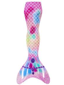 Young Girl Fish Scale Print Tie-Dye Mermaid Tail One-Piece Swimsuit - Mauve Purple - View 2