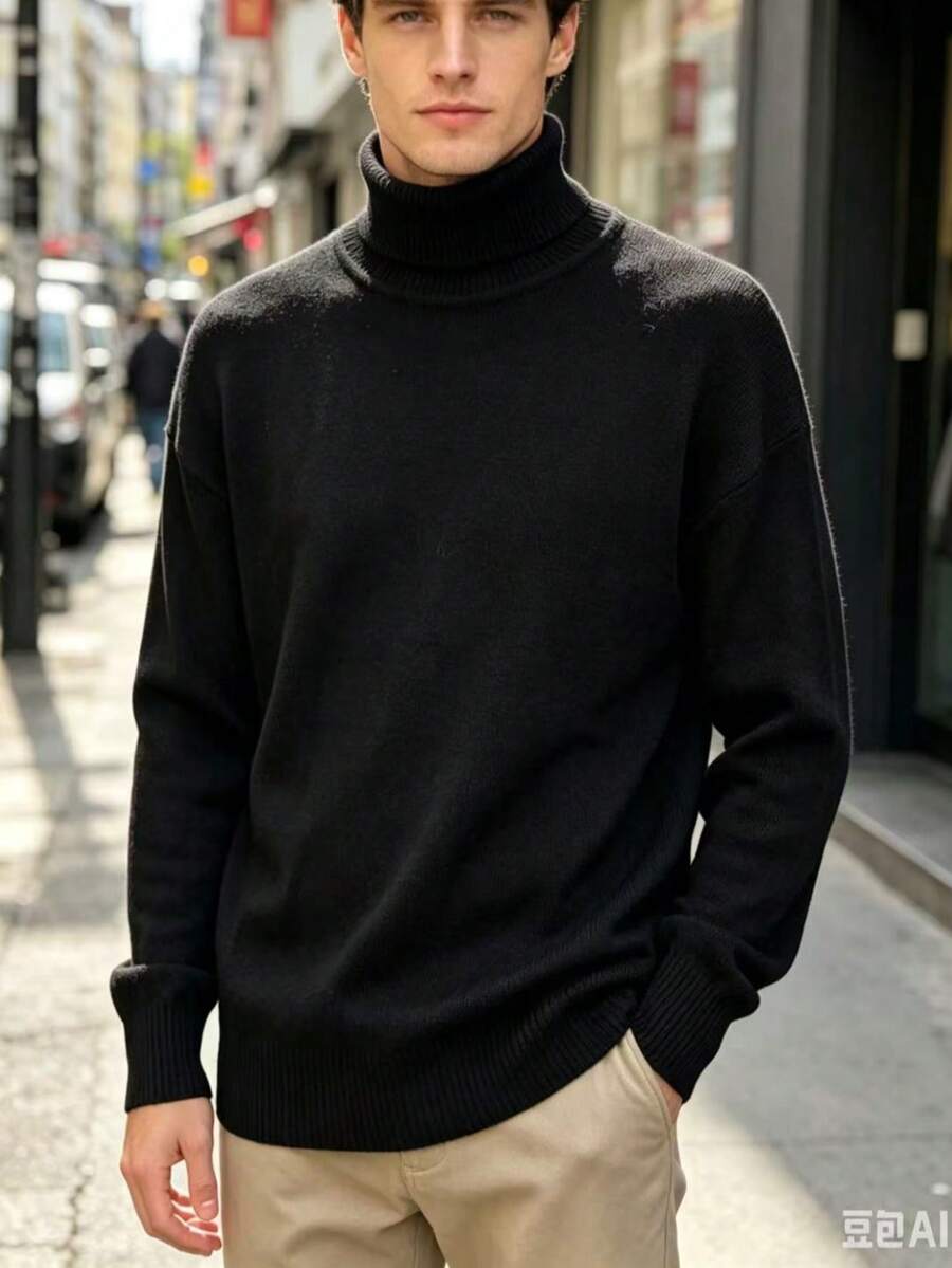 Manfinity Mode Men's Turtleneck Sweater, For Fall And Winter - Black - View 1
