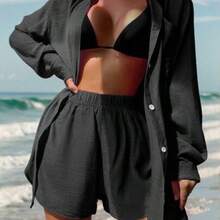 dagjydgfyja Swim Vcay Set cover up unicolor con botón delantero - Negro01 - Ver 1