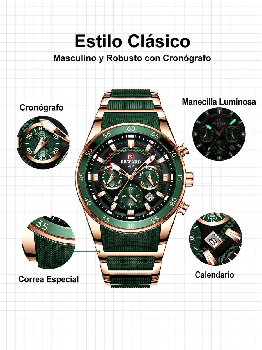 REWARD Men's Quartz Watch Business Fashion Style Date Display Luminous Hands Multi-Function High Quality Gift Classic Design Silicone Strap