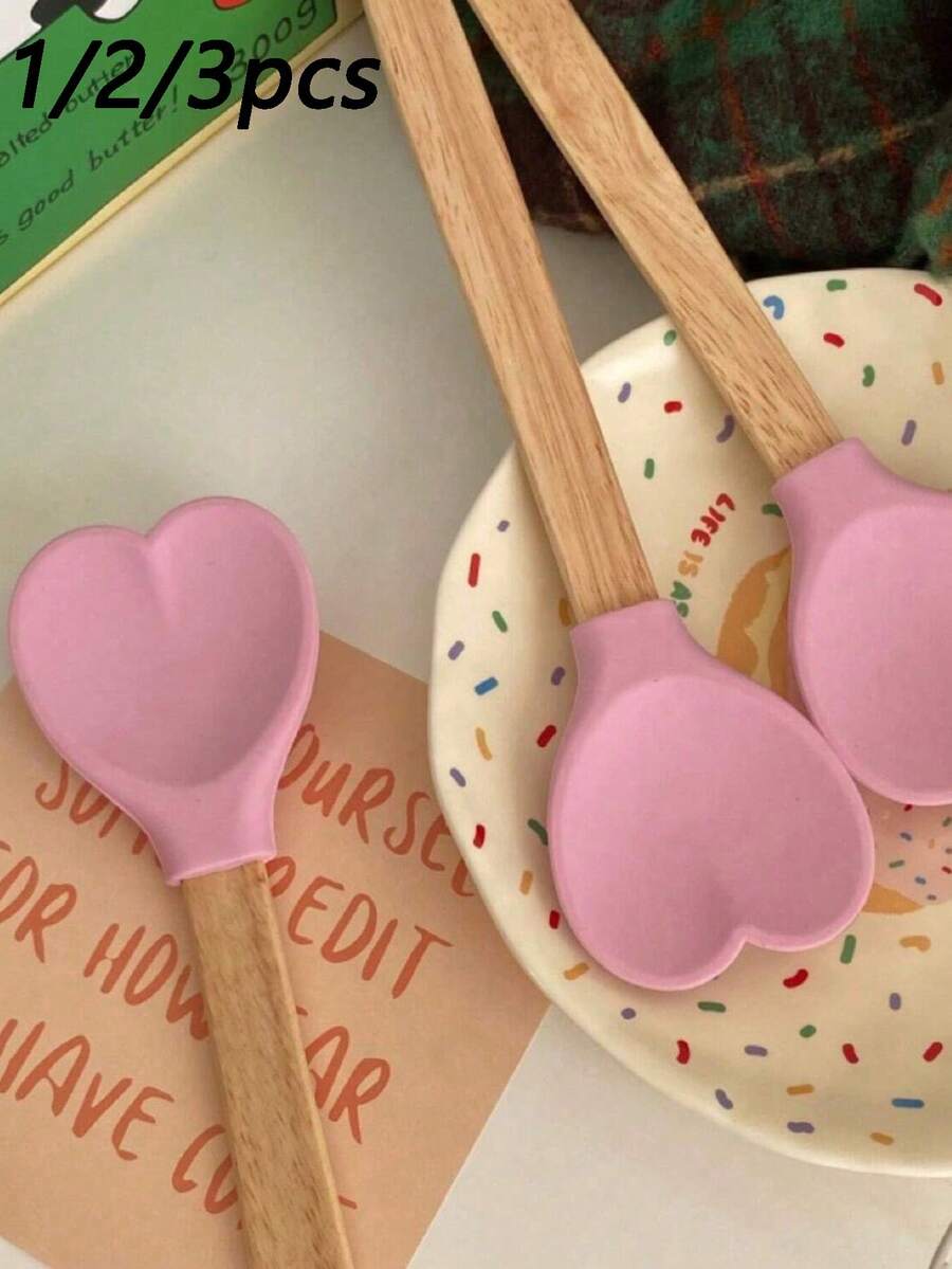 1/2/3pcs Heart-Shaped Silicone Spatula For Baking, Long-Handle Spoon With Wooden Handle Silicone Shovel For Home Kitchenware, Pot Spoon Cooking Utensils - Multicolor - View 1