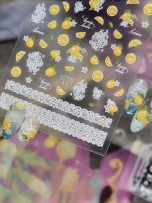 1片 5D夏季水果美甲貼紙，檸檬與藍莓蕾絲美甲貼花，自黏式美甲貼片，DIY夏季美甲藝術裝飾，簡易美甲貼紙，適合女孩與女性的最佳美甲用品，完美適用於夏季與度假 - 彩色 - 查看 3