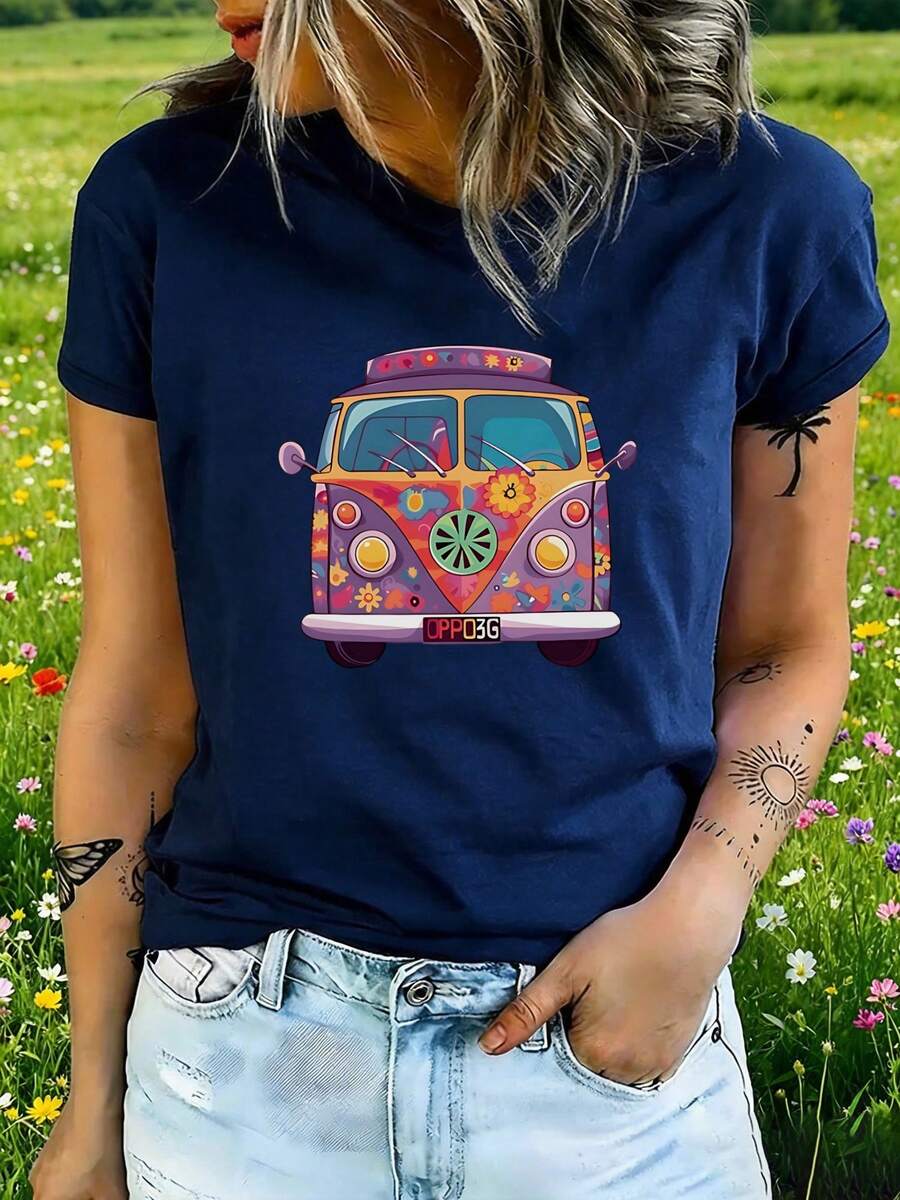 Women's T-Shirt, Colorful Bus, Light Everyday Outfit - Navy Blue - View 1