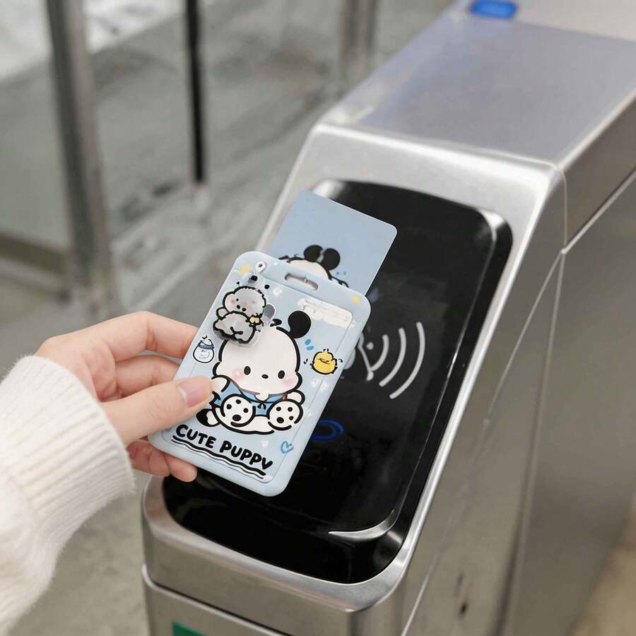 MINISO Sweet Sanrio Pochacco Cinnamonroll 垂直滑動卡套,可愛卡通角色 ID 識別證套,附彈性螺旋圈腕帶掛繩,返校季女學生禮物 - 樣式 3 - 查看 1