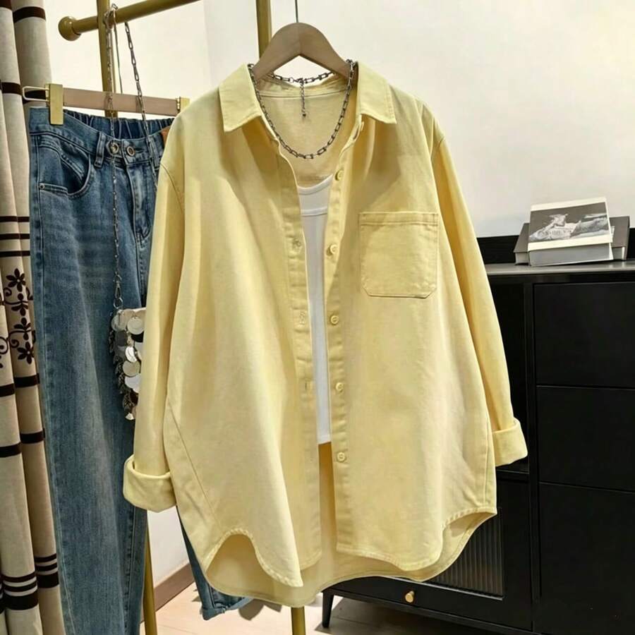 Plus Size Women's Solid Color Pocket Front Button-Down Casual Shirt - Light Yellow - View 1