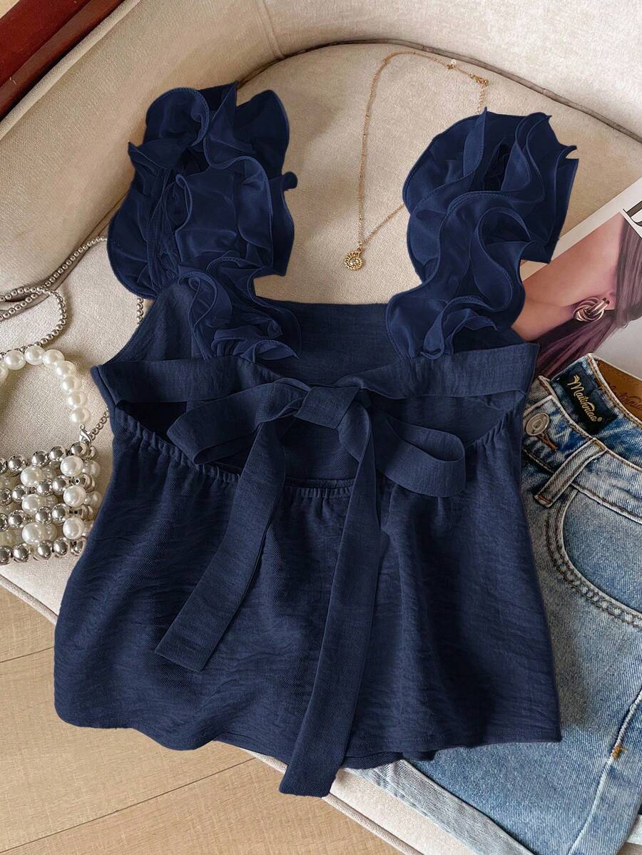 Blusa de mujer de unicolor con volantes y pliegues, versátil y elegante para citas y fiestas - Azul marino - Ver 1