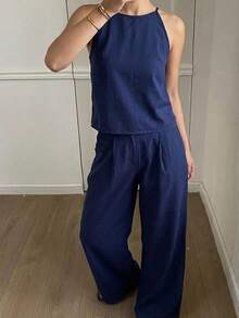 Conjunto de 2 piezas de top de tirantes finos a rayas y pantalones para mujer, conjunto de prendas de estar en casa para mujer - Azul marino 7 - Ver 1