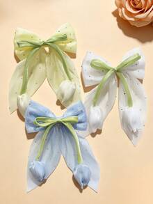 5pcs/Set Girls Multi-Color Chiffon Bow Hair Clips, Cute Vacation Style Tulip Flower Alligator Hair Clips, Sparkling Crystal Accessories, Suitable For Travel, Vacation, Party, Outing, Daily Commute, Wedding, Back To School Season, Great Gift Choice For Girls - Multicolor - View 5