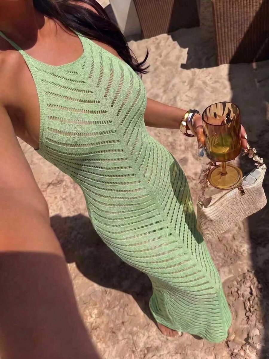 New Women's Sleeveless Knitted Summer Dress, Casual Beach Resort Style, Elegant Fitted Dress, Solid White Color, Bohemian Style Beach Cover-Up For Vacation - 綠色 - 查看 1