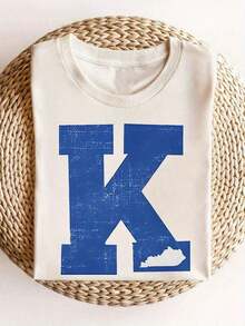 Women's Soft Summer Sets, Kentucky State Line And Letter K Print T-Shirt In Black, White, And Blue, 35% Cotton, Stretchy And Comfortable Fit, Lightweight T-Shirt - 杏色 - 查看 1