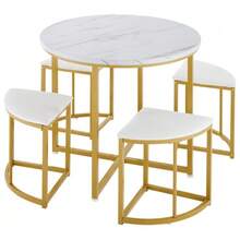 Dining Table And Chair Set, With MDF Tabletop And Gold Iron Frame, Velvet Chairs, Modern And Luxurious Style, White - Gold - View 7