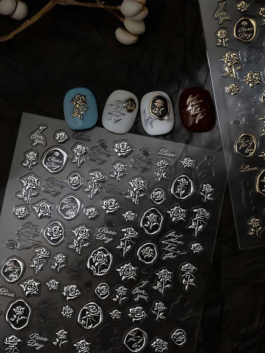 1片 5D金屬玫瑰美甲貼紙，優雅復古美甲貼花，自黏式美甲貼片，夏季DIY美甲藝術裝飾，簡易美甲貼紙，適合女孩與女性的最佳美甲用品，適用於情人節與浪漫場合 - 彩色 - 查看 1