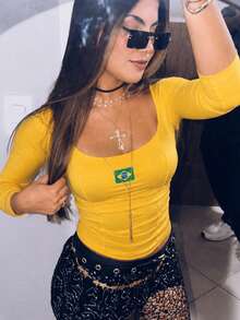 Women's Corset, Cropped Long-Sleeved Square Neckline, Brazil World Cup 2026 Hexa Double Premium Suplex Corset MG - 黃色 - 查看 2