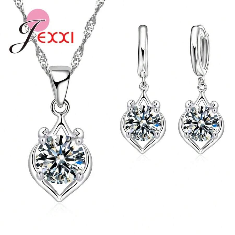 925 Sterling Silver Plating Necklace And Earring Set With Cubic Zirconia, Cross, Heart And Butterfly Design, Fashion Jewelry For Women. - 32601 - 查看 1