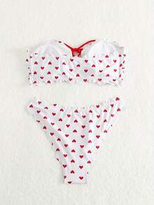 New 2026 Model: Women's Multicolor Ruffled Bikini Swimsuit With Red Heart-Shaped Bow - [White] - View 4