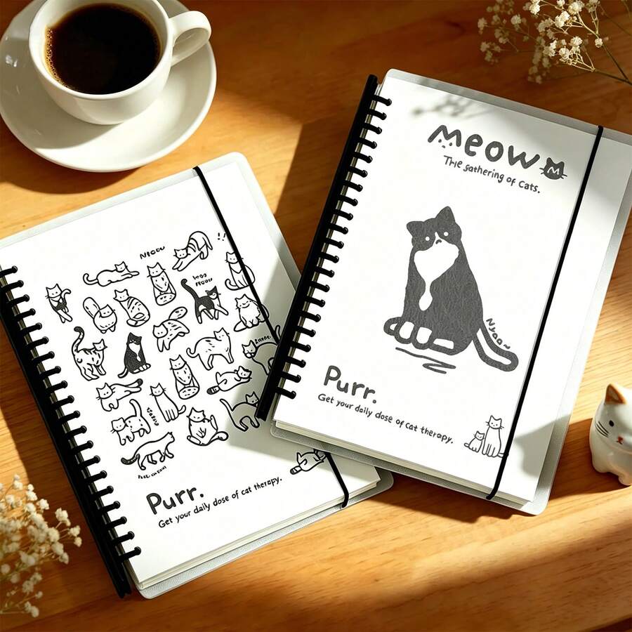 A5,120pages,Cute Cat DoodlesNotebook, Pp Transparent Loose-Leaf Notebook,Spiral Bound Diary,Removable Loose-Leaf Pager,Planner,Travel Journal,Leaning,Stationery,Business,Office,Back To School,Gift School Supplies - A5 - View 1