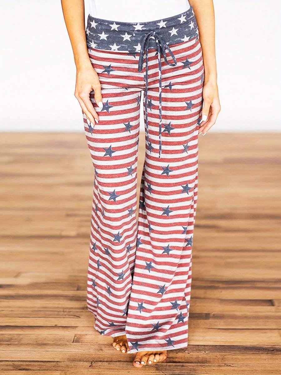Nuevo modelo 2026:Pantalones con estampado de la bandera estadounidense y estilo casual de pierna ancha. - Albaricoque - Ver 1