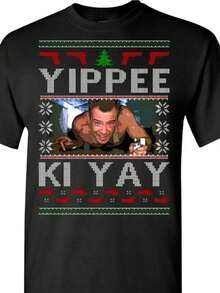 Absurd Ink Die Hard Men's Christmas T-Shirt - A Humorous Graphic Tee With A Retro Action Movie Theme. This Black Holiday Tee Displays YIPPEE KI YAY. Washable - 寶藍色 - 查看 1