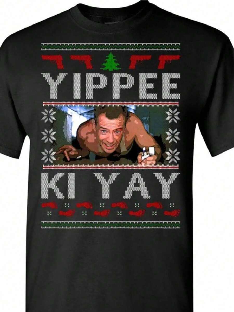Absurd Ink Die Hard Men's Christmas T-Shirt - A Humorous Graphic Tee With A Retro Action Movie Theme. This Black Holiday Tee Displays YIPPEE KI YAY. Washable - 寶藍色 - 查看 1