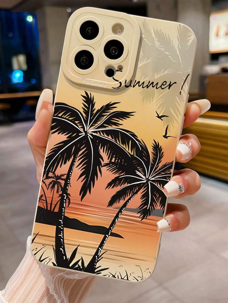 1 pieza Funda de teléfono con diseño de ojo y patrón de árbol de coco compatible con iPhone, , /Redmi, OPPO/Realme, VIVO, Infinix - Blanco - Ver 1