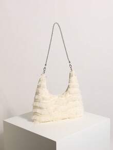 Bolso de hombro tipo hobo con minifalda de malla beige con borlas y brillantes de strass para mujeres, adecuado para vacaciones y compras (patrón floral aleatorio) - Beis - Ver 3
