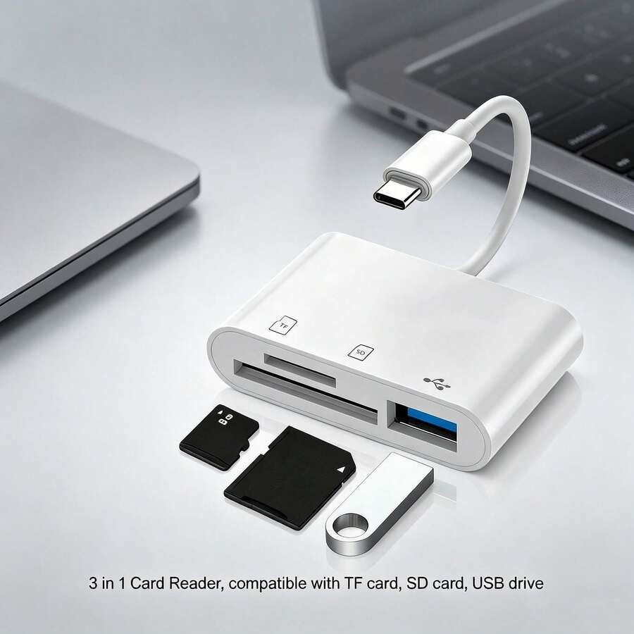 Convertidor 3 en 1 portátil para tarjeta de almacenamiento y tarjeta de memoria, lector de tarjetas SD/TF/USB, lector de tarjetas de seguimiento de cámara compatible con iPhone 17 Pro Max/17 Pro/17 Plus/17/16/15/S26/S25/S24/S23/S22/S21/S20, convertidor multifunción plug and play - Ver 1
