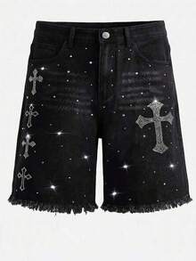 Shorts vaqueros de hombre con patrón de cruz de strass negros, shorts bermudas rectos y sueltos, estilo streetwear - Negro - Ver 1