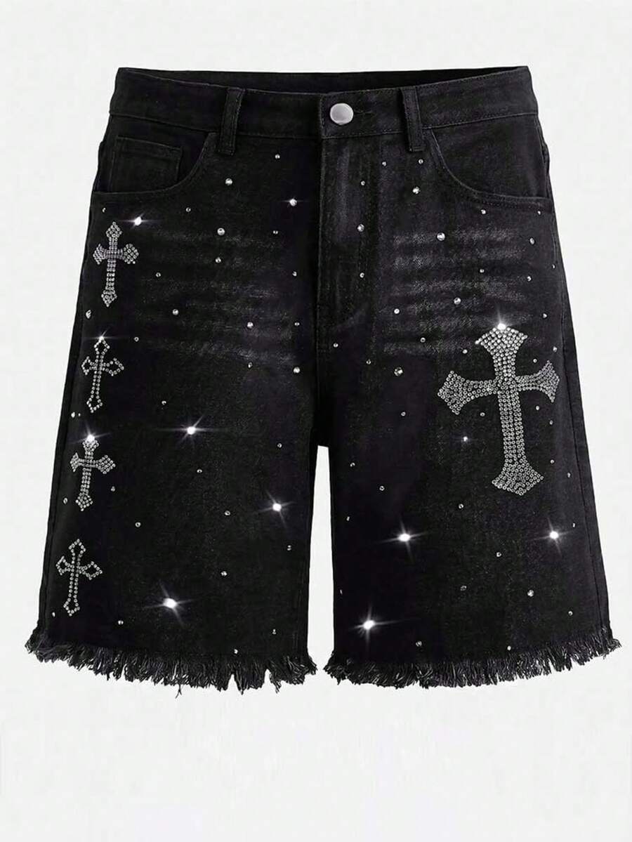 Shorts vaqueros de hombre con patrón de cruz de strass negros, shorts bermudas rectos y sueltos, estilo streetwear - Negro - Ver 1