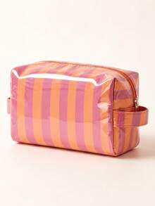1/2pcs-Aesthetic Storage & Organization With Waterproof Shiny Finish Stylish Cosmetic Bag Striped Storage Bag For Fashionable Women And Travelers Large Capacity Striped Glossy Makeup Case Bathroom Vanity Bedroom Desk Organization Hold Palette Brushes - Multicolor - View 10