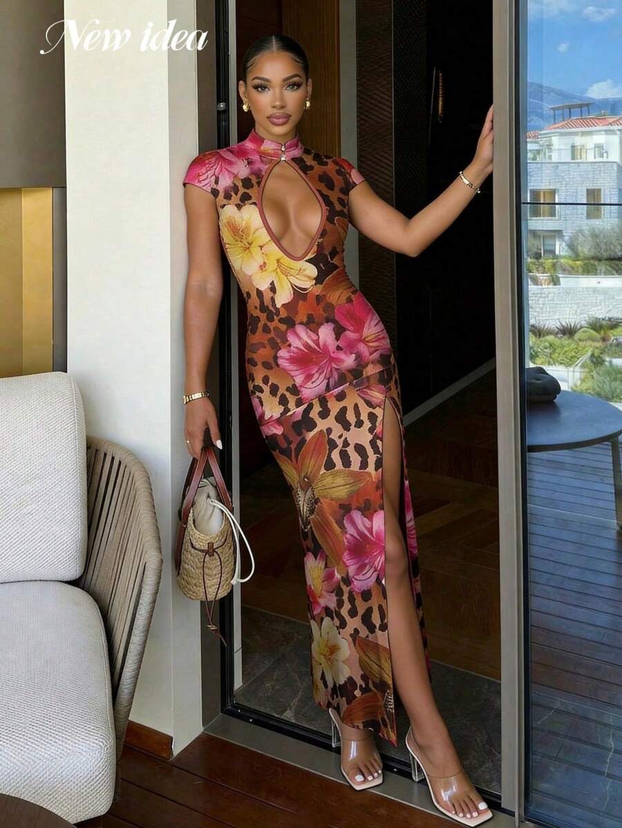 NEW IDEA 女款性感優雅豹紋與花卉印花現代旗袍風修身長洋裝，高開衩夏季度假、夜晚外出與派對洋裝 - 彩色 - 查看 1