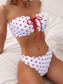 New 2026 Model: Women's Multicolor Ruffled Bikini Swimsuit With Red Heart-Shaped Bow - Red Background With White Heart - View 8