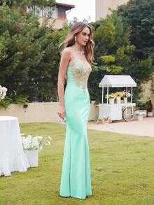 MisShow Elegant Sleeveless Round Neck Maxi Bodycon Dress With Contrast Sequin & Embroidery For Formal Events And Prom - 薄荷綠 - 查看 5