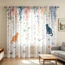 2pcs Sheer Curtains Featuring A Cat And Floral Motif,Adorned With Watercolor-Style Trailing Vines,Butterflies,And Cat Silhouettes,Translucent Curtains Feature A 2D Flat Print,Suitable For Use In Dining Rooms,Living Rooms,And Balconies. - Multicolor - View 9
