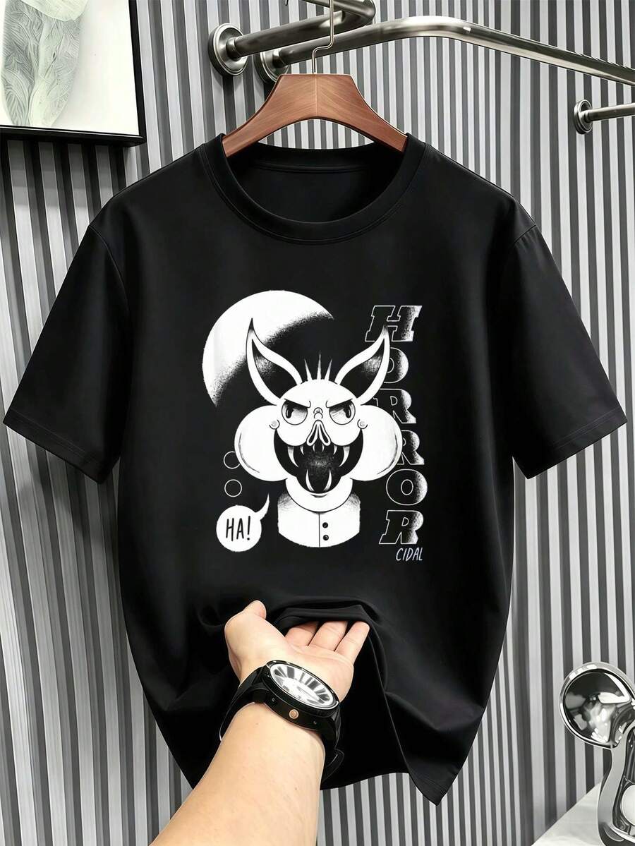 T-shirt da uomo in cotone con stampa grafica, tessuto di alta qualità, vestibilità comoda, stile street hip-hop, design grafico - nero - Visualizzare 1