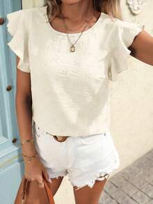 Blusa de cuello redondo con volantes y estampado de sombras florales primaverales para mujeres - Albaricoque - Ver 1