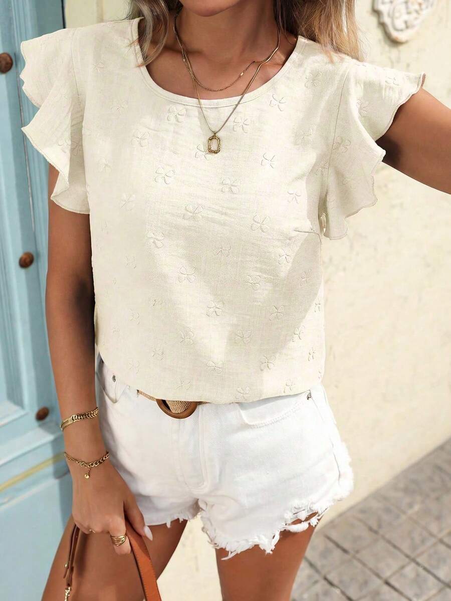 Blusa de cuello redondo con volantes y estampado de sombras florales primaverales para mujeres - Albaricoque - Ver 1