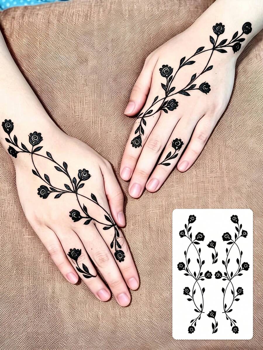 1 Piece Of Tattoo Sticker Flower Hand Temporary Tattoo Sticker Washable Pvc Disposable Waterproof And Sweat-Proof Hands And Feet Non-Reflective Suitable For Hipsters Daily Use Can Be Maintained For 1-3 Days - Black - View 1