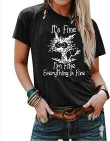 Playeras de Mujer, Camisetas de Manga Corta con Frases como "Estoy Bien, Todo Está Bien", Corte Holgado, Casual, con Estampado de Gato, Blusas y Tops. - Negro - Ver 1