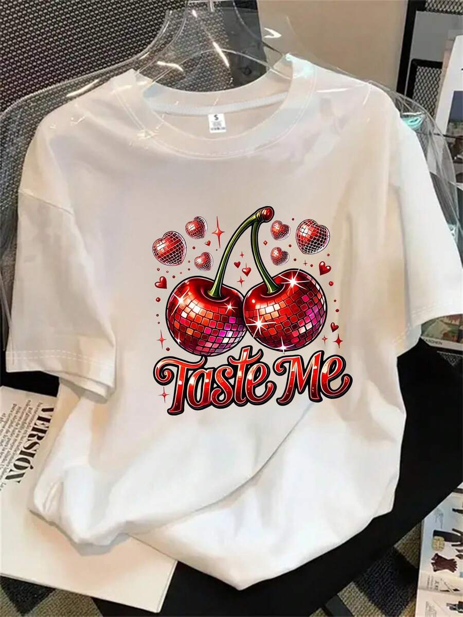 Camiseta estampada para mujer, 1 unidad, manga corta, primavera/verano, el regalo perfecto para las fiestas. - Blanco - Ver 1