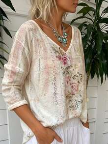 Women's Casual Floral Print V-Neck Loose Blouse, Suitable For Spring And Autumn Vacation - Multicolor - View 2